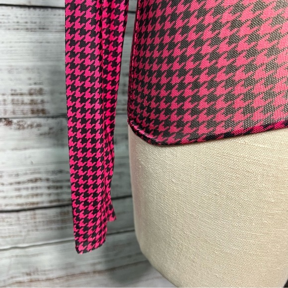 ⭐️ Steve Madden XS Eliza Mesh Top Pink Black Houndstooth Sheer Long Sleeve Shirt - Picture 8 of 14
